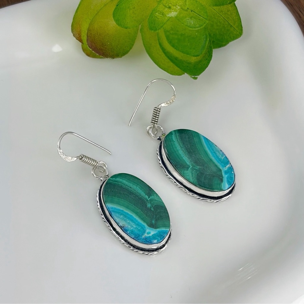 Boho Southwest Malachite Chrysocolla Earrings 925 Sterling Silver Overlay - Picture 3 of 6